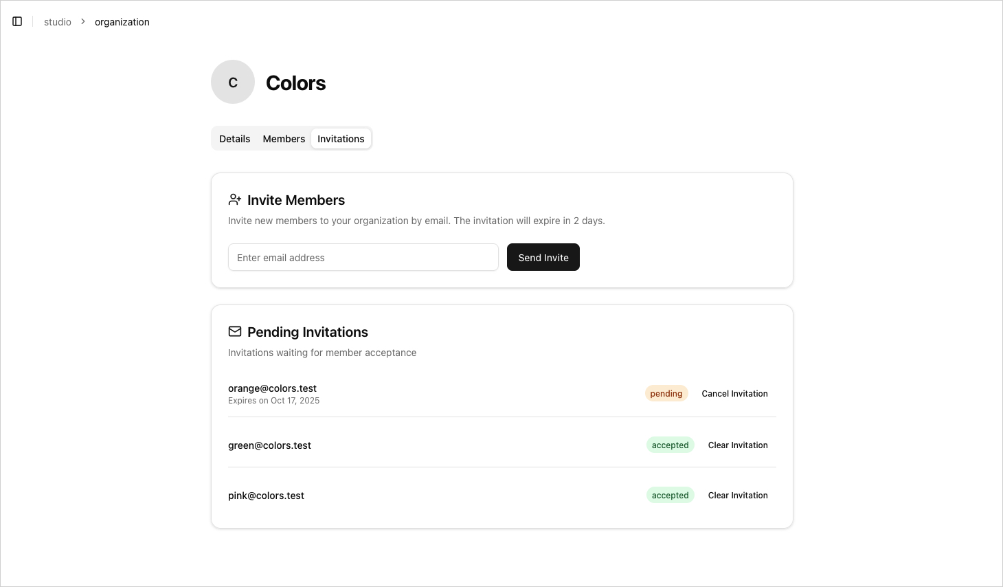 Invitations : capture de l’interface