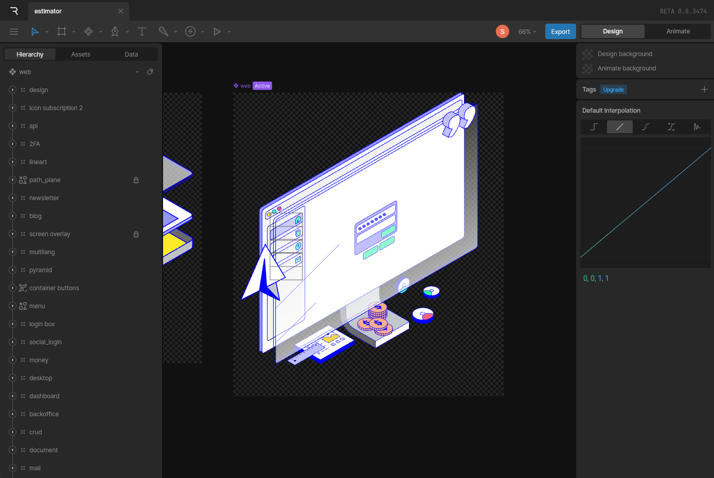 Interface de design Rive app avec panel Hierarchy et découpage des éléments